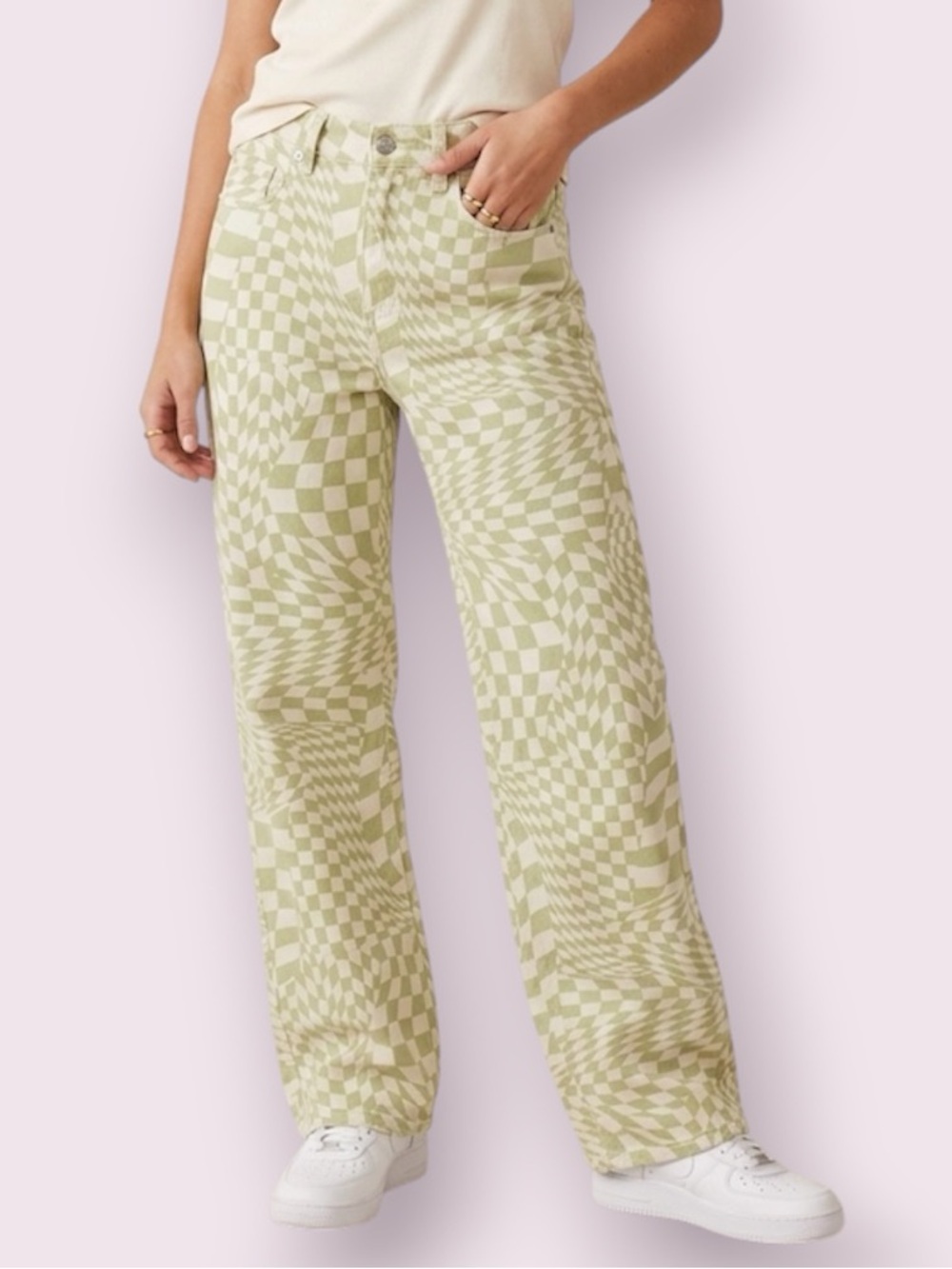 RSQ Green & White Trippy Checkered High Waisted Baggy Straight Leg Jeans Size 24